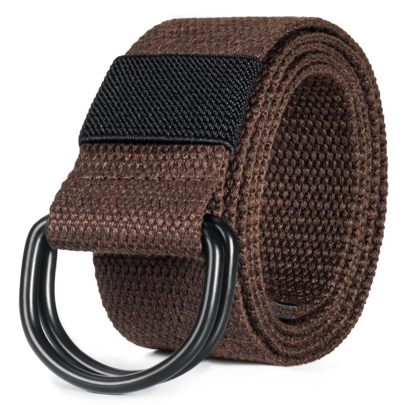 maikun Mens & Womens Canvas Belt with Black D-ring 1 1/2" Wide, Cloth Coffee Belt for Men, Length 110cm - Image 1